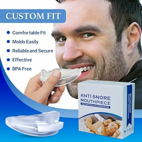 Man holding anti-snore mouthpiece with product box and features listed.