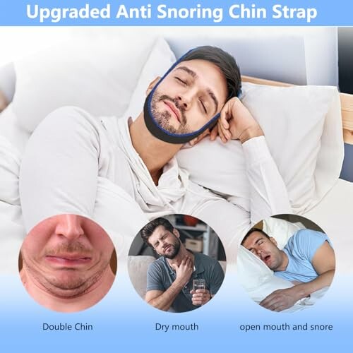 Man wearing anti-snoring chin strap while sleeping.