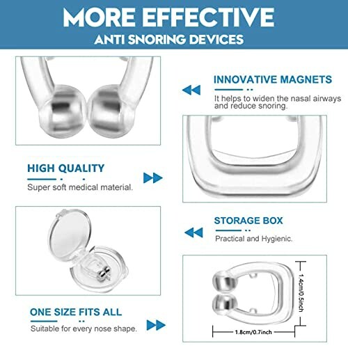 Anti-snoring device with magnets, high-quality material, storage box, and one size fits all feature.