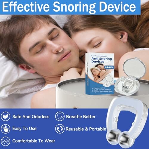 Couple sleeping peacefully with anti-snoring device.