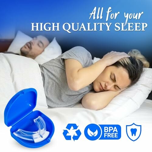 Man snoring in bed, woman covering ears, anti-snoring mouthpiece displayed.