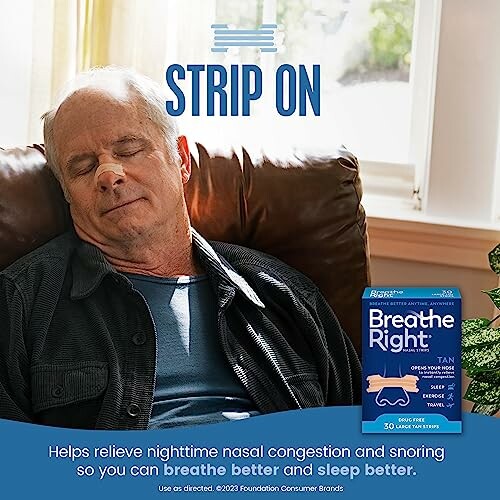 Man sleeping with Breathe Right nasal strip ad