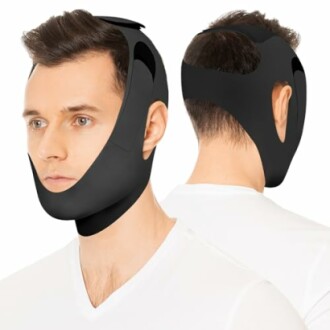 Man wearing a black chin lift compression wrap from front and back view.