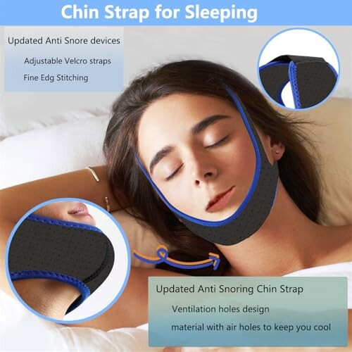 Woman wearing an anti-snore chin strap while sleeping.