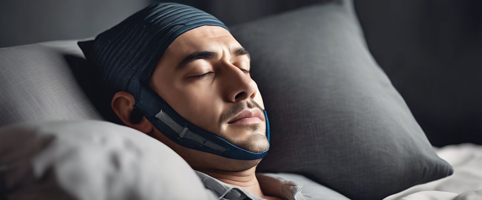 Chin strap for snoring reduction in use