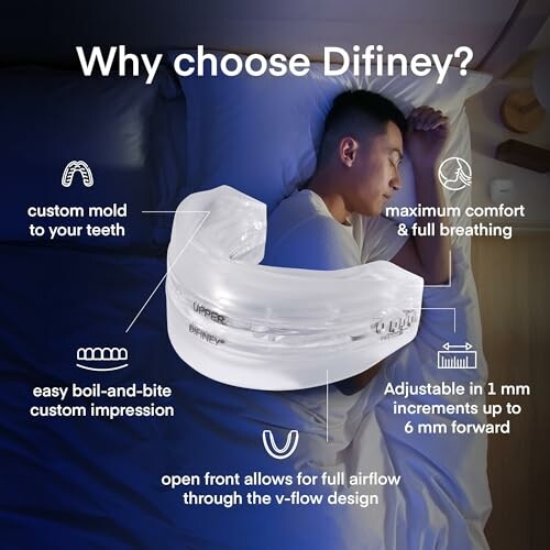 Man sleeping with Difiney mouthpiece showing features like custom mold, comfort, adjustable fit, airflow design