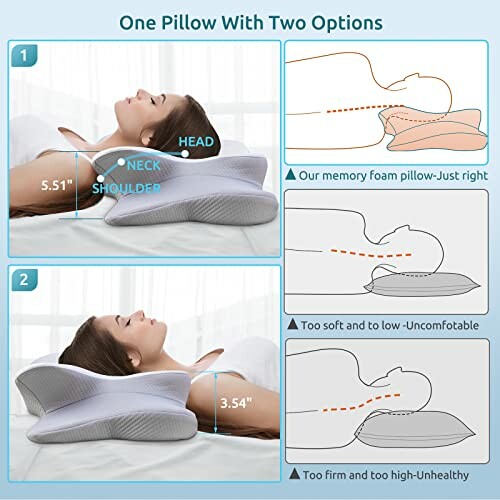 Diagram showing two ways to use a memory foam pillow for optimal neck support.