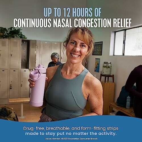 Person holding a water bottle in a locker room with text about nasal congestion relief.