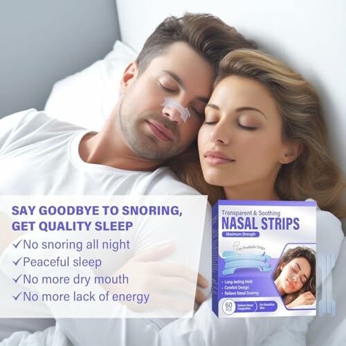 Couple sleeping peacefully with nasal strips, promoting better sleep.