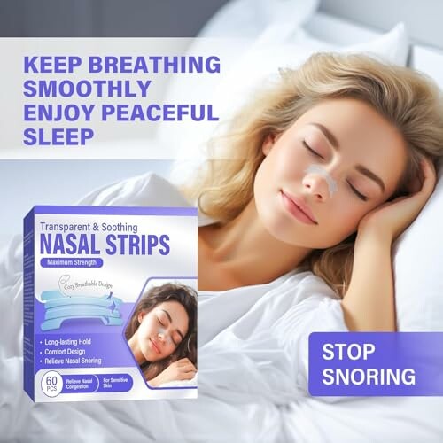 Woman sleeping peacefully with nasal strips packaging.