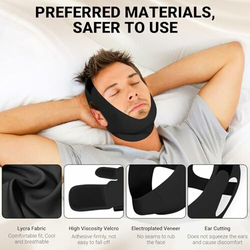 Man sleeping with black chin strap for snoring prevention.