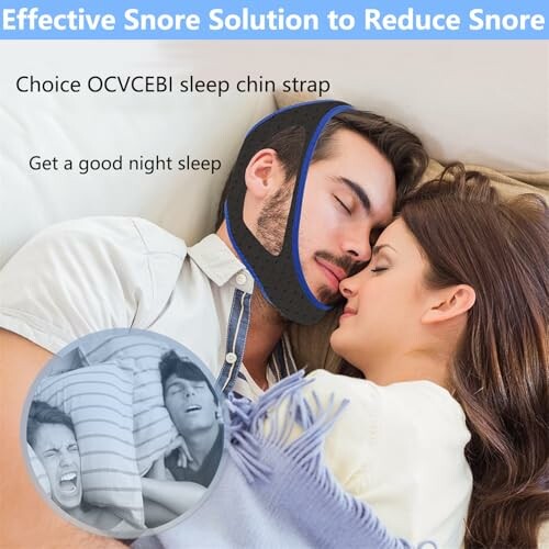 Couple sleeping with snore-reducing chin strap.