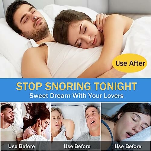 Couple sleeping peacefully with snoring solution, before and after images.